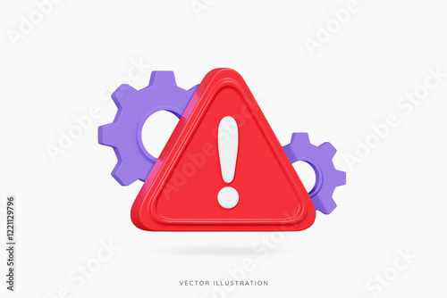 3D Attention sign with exclamation mark in red triangle and gear. Technical problem. Computer system error. Process disruption. Cartoon design icon isolated on white background. 3D Vector illustration