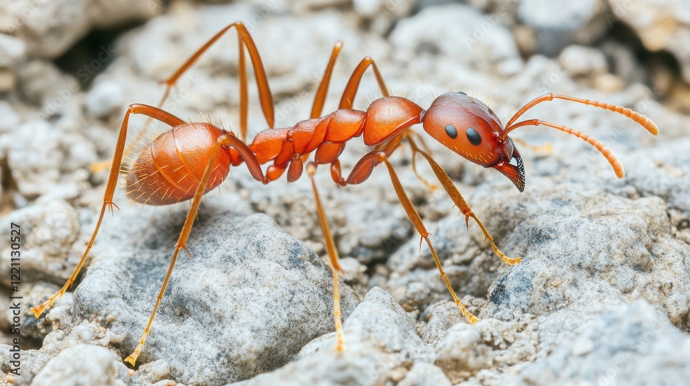 A close-up of a vibrant red ant walking on rocky terrain, showcasing its detailed body structure and natural environment. A close-up of a vibrant red ant walking on rocky terrain, showcasing its detailed body structure and natural environment.