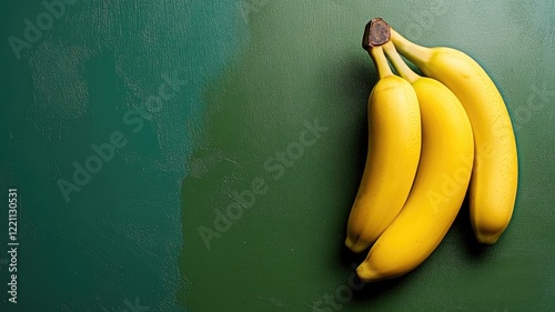 Bunch of ripe yellow bananas on green background photo