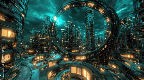 Futuristic Cityscape Illuminated at Night With Orbital Ring photo