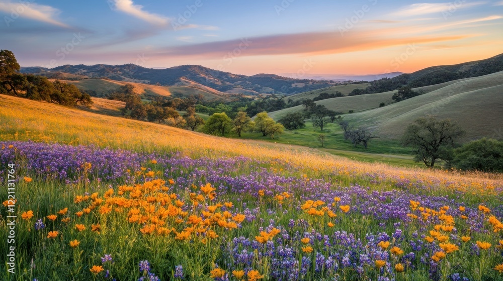 Fototapeta premium Rolling Hills Sunset Wildflower Meadow Landscape