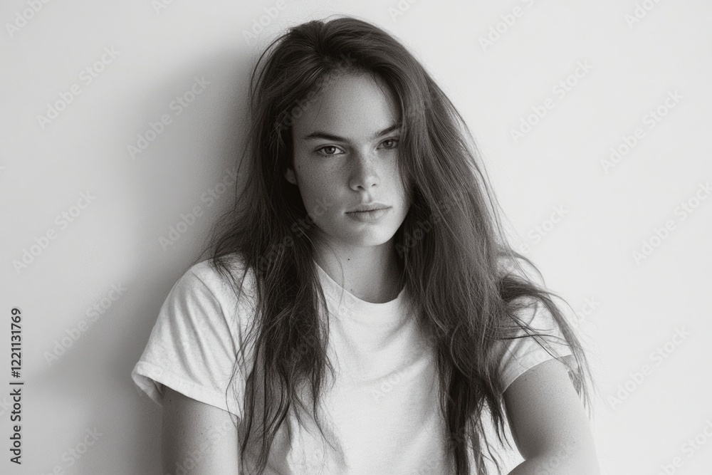A pensive portrait of a young woman in black and white, her striking features and deep gaze evoke a sense of contemplation and introspection in a stylish manner. A pensive portrait of a young woman in black and white, her striking features and deep gaze evoke a sense of contemplation and introspection in a stylish manner.