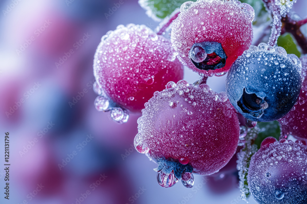 Close up of a bunch of berries with water droplets on them. The berries are purple and the water droplets are clear. The image has a serene and calming mood Close up of a bunch of berries with water droplets on them. The berries are purple and the water droplets are clear. The image has a serene and calming mood