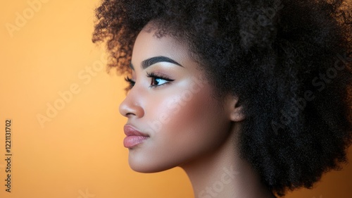 Portrait of African descent woman with afro hairstyle on orange background