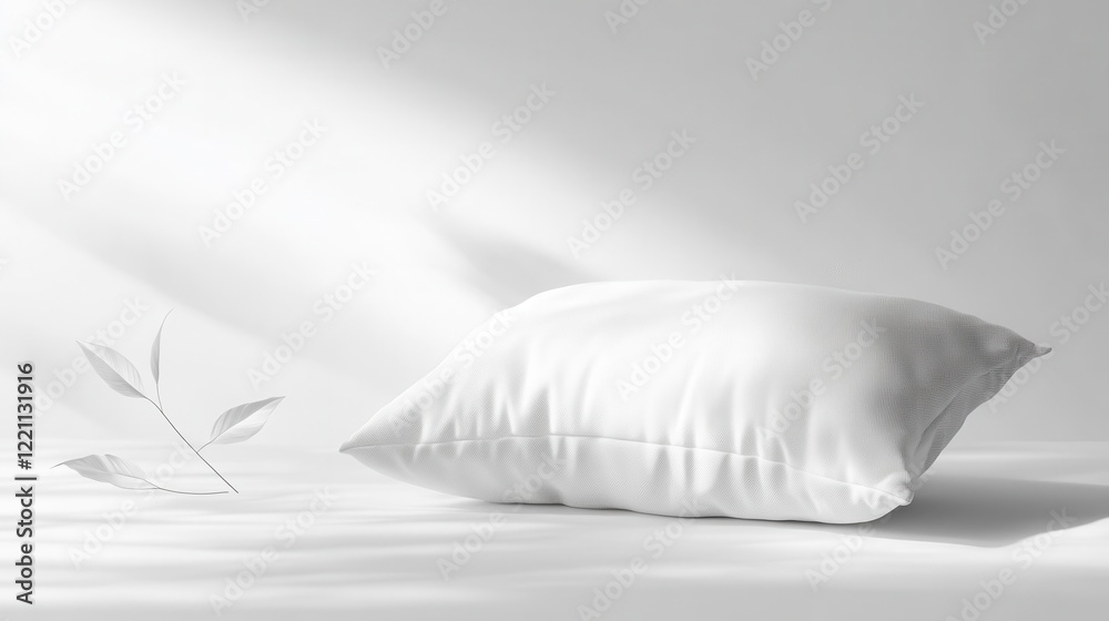 Minimalist White Pillow on Soft Surface with Leaf Shadow Minimalist White Pillow on Soft Surface with Leaf Shadow