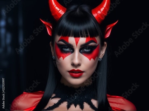 Stunning Halloween makeup with bold red details and horns highlighting a devilish character in a dark setting photo