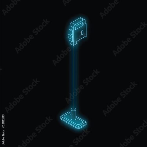 Glowing blue neon sign of a vacuum cleaner symbolizing cleaning and household chores