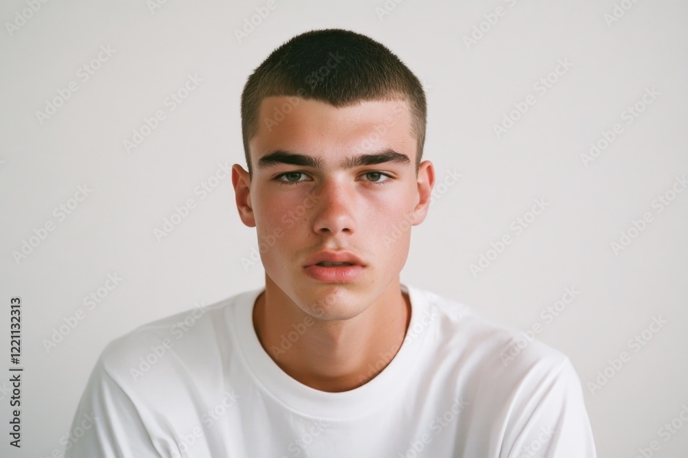 Obraz premium This contemporary portrait captures a serious young man in a white tee, offering a clean and modern aesthetic, ideal for fashion and editorial usage.