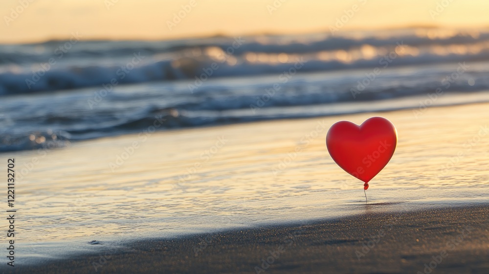 Fototapeta premium Heart-shaped balloon on beach at sunset, romantic atmosphere