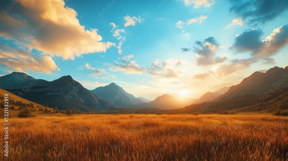 Fototapeta premium A beautiful mountain range with a bright orange sun in the sky