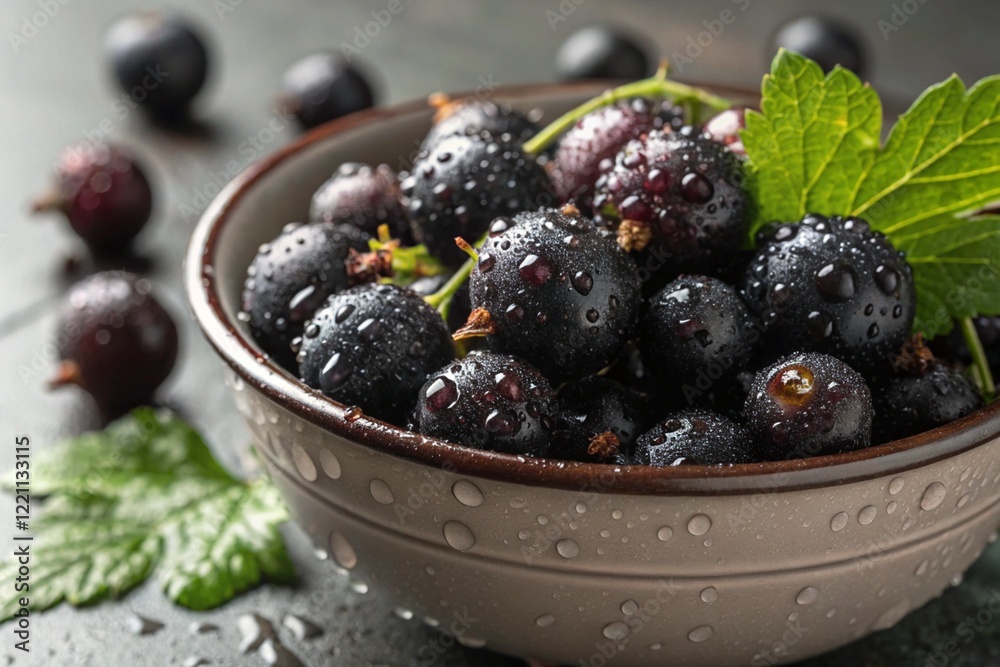 A bowl full of freshly washed wet blackcurrant A bowl full of freshly washed wet blackcurrant