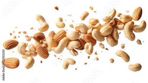 Nutty Burst: A dynamic array of mixed nuts, including almonds and cashews, appear to be suspended mid-air, a testament to the raw, natural energy of healthy snacks.