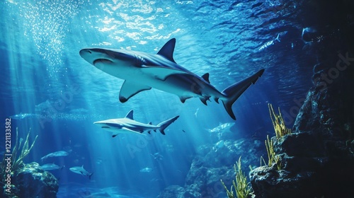 A family walking through an aquarium tunnel surrounded by sharks and rays. photo