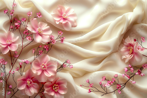 Pink flowers with thin stems are arranged over soft, creamy fabric. Concept of floral elegance and gentle beauty. photo