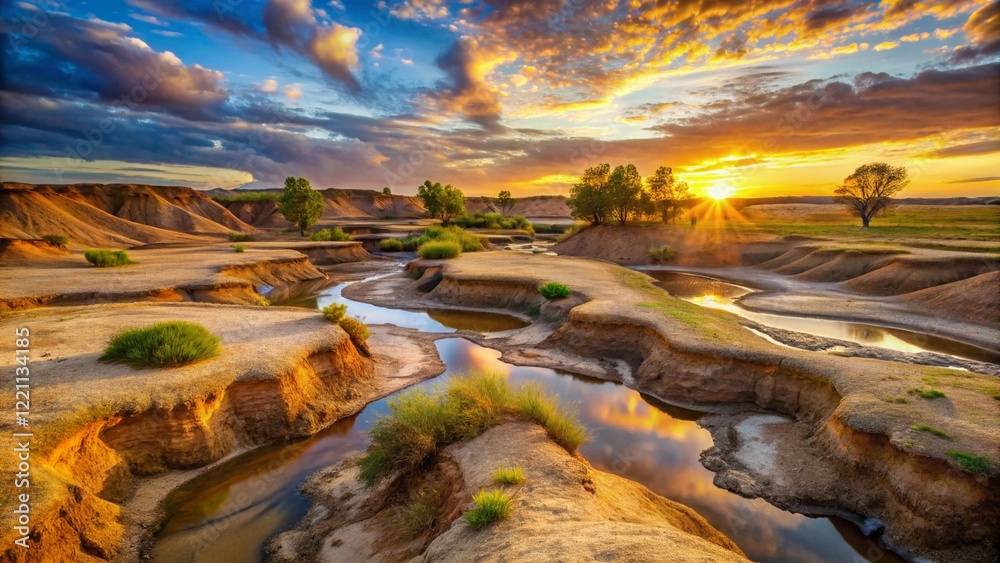 Naklejka premium Eroded landscape of middens and creek beds at sunset 