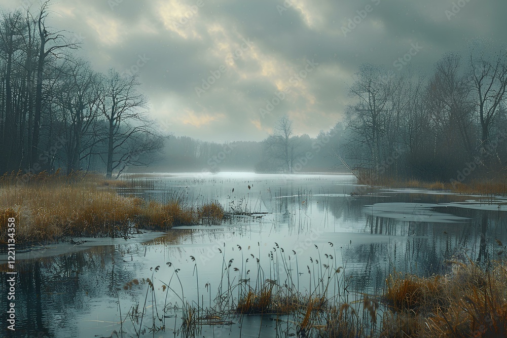 Fototapeta premium A body of water surrounded by trees on a foggy day
