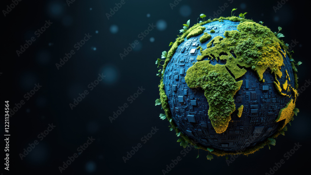 Earth with sustainable development elements floating above a gray surface. Earth with sustainable development elements floating above a gray surface.