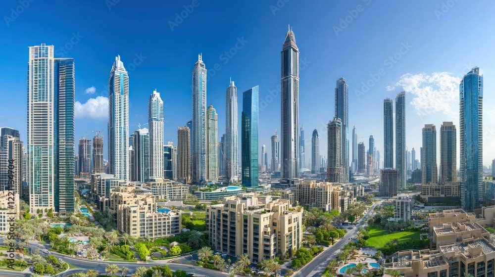 Obraz premium A stunning cityscape showcasing modern architecture with glass skyscrapers.