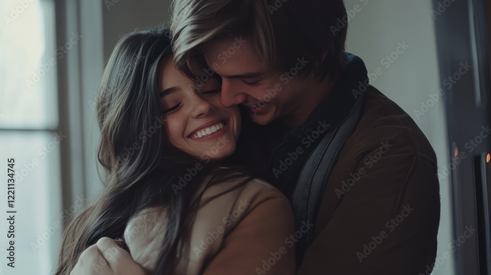 Young couple embracing near window showing affection Young couple embracing near window showing affection