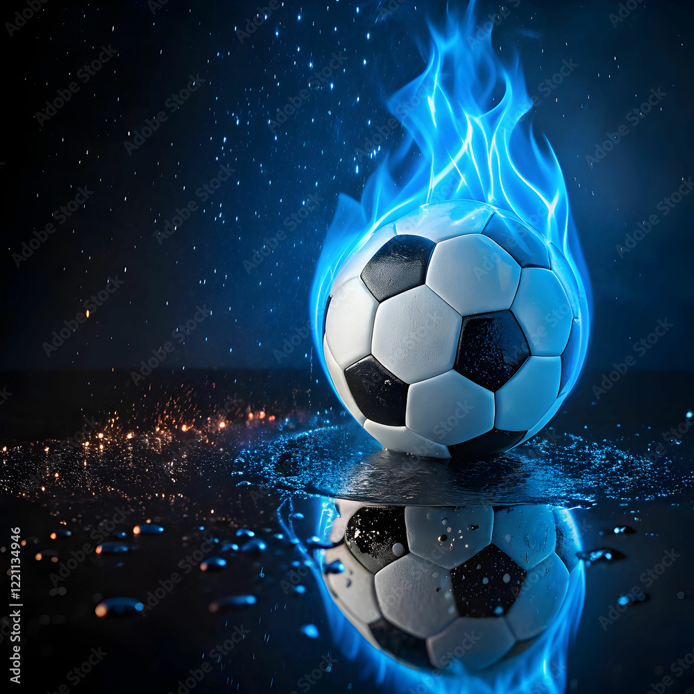 Fototapeta premium soccer ball on blue fire rotating with reflection