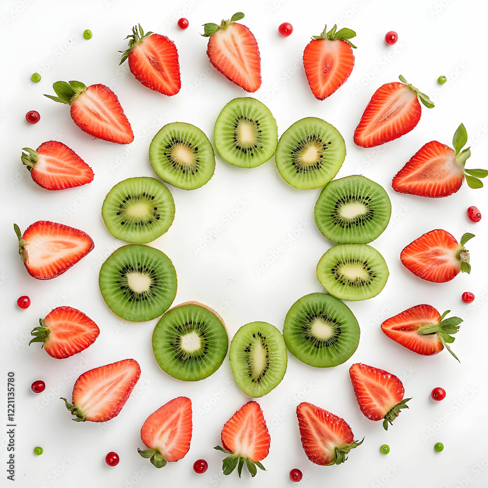 Fototapeta premium top view fresh kiwi and strawberries cutting arrange