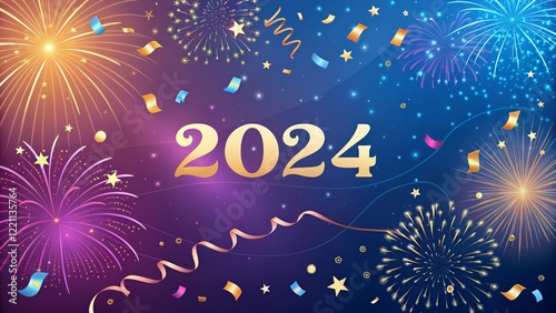 Wallpaper Mural 2024 Festive Fireworks Celebration Design with Confetti and Stars, New Year's Eve, Holiday Background New Year, Fireworks Torontodigital.ca