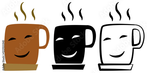 smiling coffee cup icon, simple flat style, illustration, logo sign symbol pictogram template, for ui or ux isolated on white for mobile app, editable	