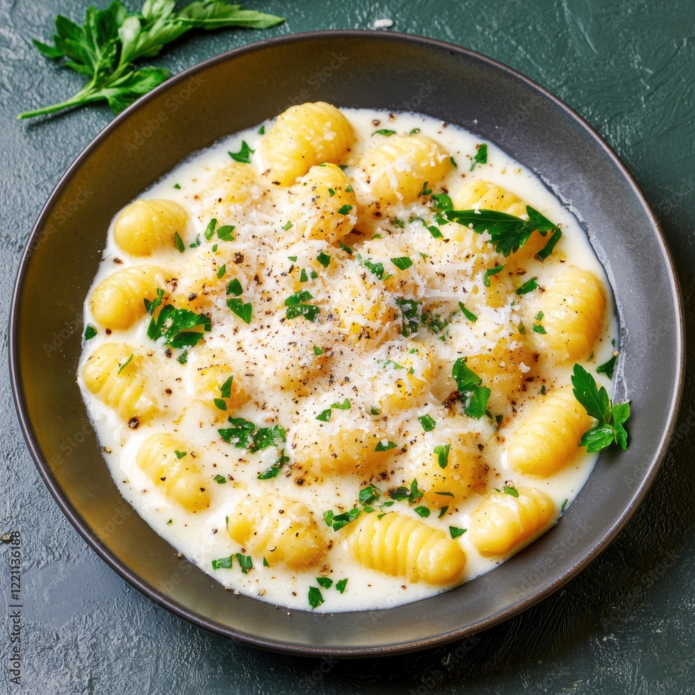 Indulgent gnocchi with creamy egg yolk sauce cozy kitchen food flatlay view comforting dish Indulgent gnocchi with creamy egg yolk sauce cozy kitchen food flatlay view comforting dish
