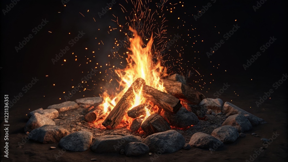 Campfire 3D Render Fiery Embers and Rocks, Dark Background, Realistic Flames, Campfire scene Campfire, 3D render Campfire 3D Render Fiery Embers and Rocks, Dark Background, Realistic Flames, Campfire scene Campfire, 3D render