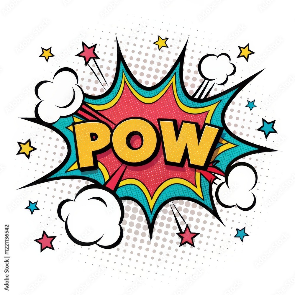 Fototapeta premium Colorful Pop Art POW Comic Book Explosion, Illustration, Speech Bubble Design, Halftone Background Pop Art, Comic Book