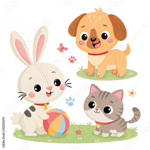Cute Pets Illustration Rabbit, Dog, Cat Playing, Digital Painting, Childrens Book, Vector Art, Cartoon Animals Children's illustration