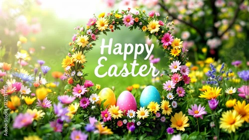 'Happy Easter' greeting text wreath adorned with colorful eggs and a variety of flowers in a lush spring meadow, surrounded by blooming wildflowers