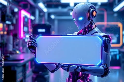 Futuristic Robot Holding a Blank Sign in a Neon Tech Environment