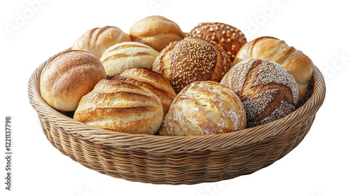 Artisan Bread Basket: A rustic wicker basket overflowing with a variety of freshly baked artisan breads, showcasing various textures, crusts, and seeded tops.