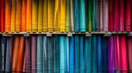 Vibrant rainbow spectrum of neatly arranged fabric rolls displayed on retail shelves, perfect for textile industry, fashion design, and interior decoration backgrounds.