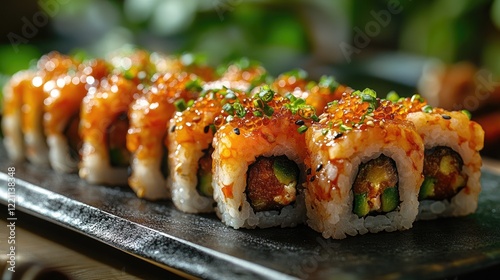 A close-up image of a beautifully arranged sushi platter featuring several pieces of nigiri sushi.