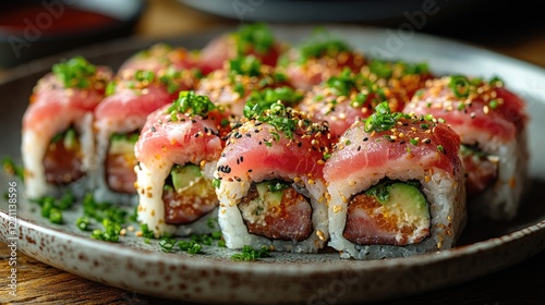 A close-up image of a beautifully arranged sushi platter featuring several pieces of nigiri sushi.