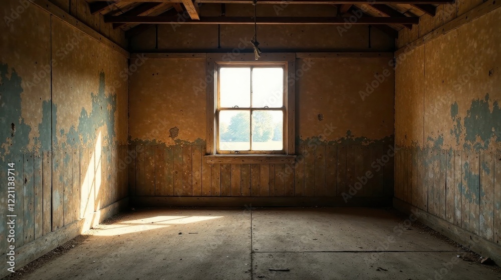 Obraz premium Sunlit Room in a Derelict Structure with Aged Walls and Wooden Floor