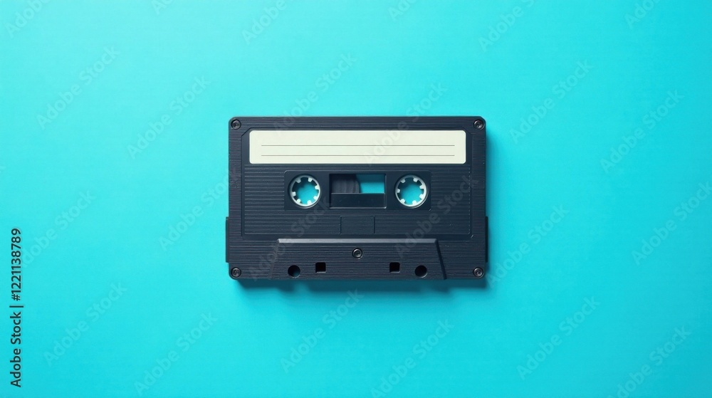 Obraz premium A vintage audio cassette tape rests on a vibrant teal background, a nostalgic symbol of analog music and recording technology from a bygone era.