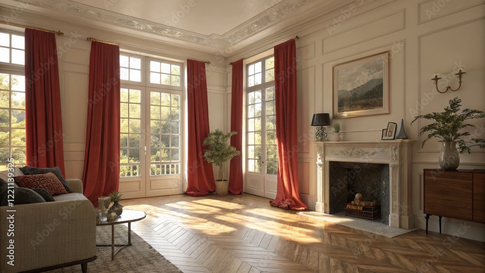 Fototapeta premium Sunlit Living Room Red Curtains, Herringbone Floor, Classic Design, Interior Design, 3D Render Interior Design, 3D Rendering