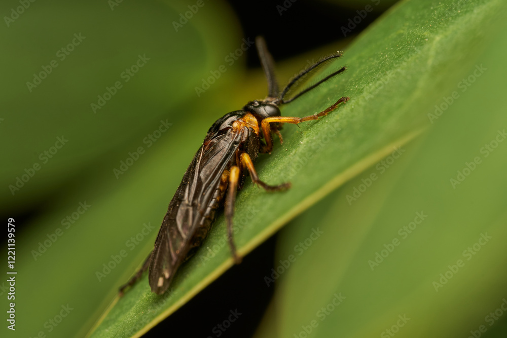 Naklejka premium Black and Yellow Tree Fly Resting on Green Leaf