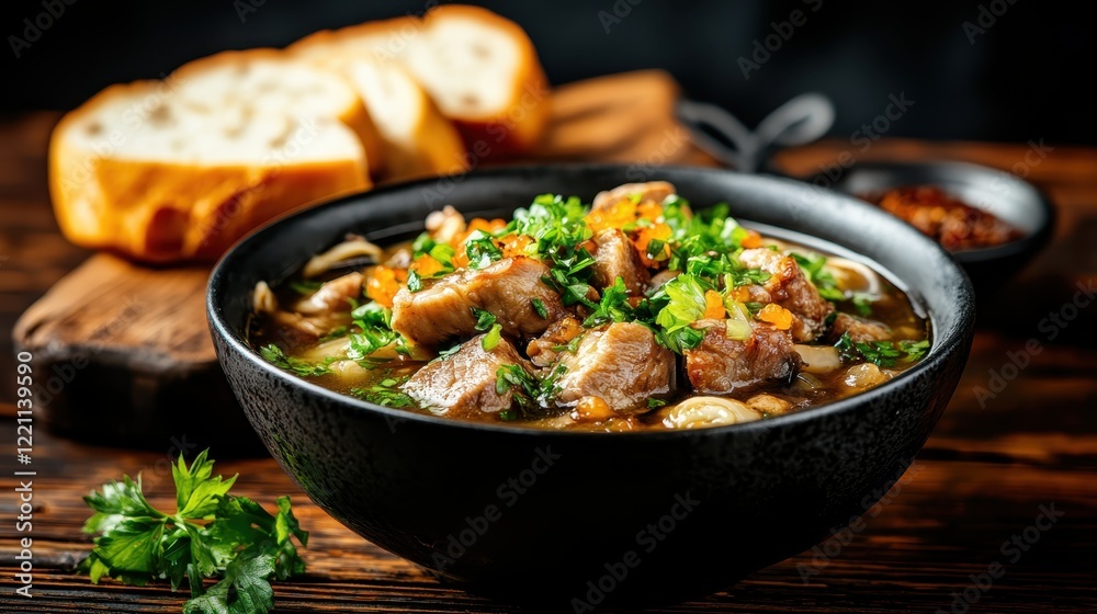 A rich and delicious bowl of stew garnished with fresh herbs is paired with crusty bread, showcasing culinary craftsmanship and inviting warmth, perfect for sharing moments of comfort. A rich and delicious bowl of stew garnished with fresh herbs is paired with crusty bread, showcasing culinary craftsmanship and inviting warmth, perfect for sharing moments of comfort.