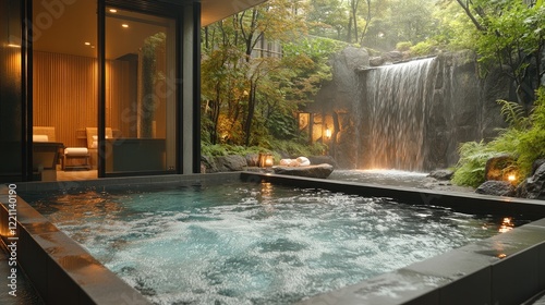 A serene, traditional Japanese onsen (hot spring) at night,
