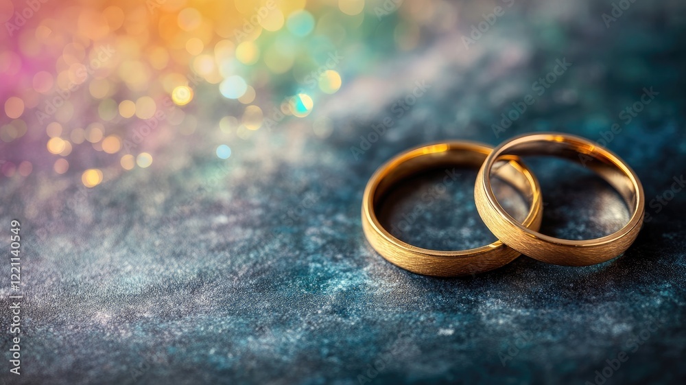 Two gold wedding rings with colorful bokeh background Two gold wedding rings with colorful bokeh background