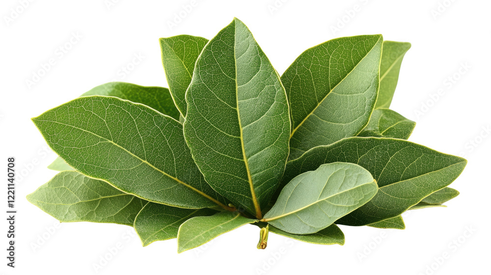 Obraz premium Bay Leaves Sprig: A vibrant sprig of fresh bay leaves, showcasing their rich green hue and aromatic essence, perfect for culinary and medicinal applications.