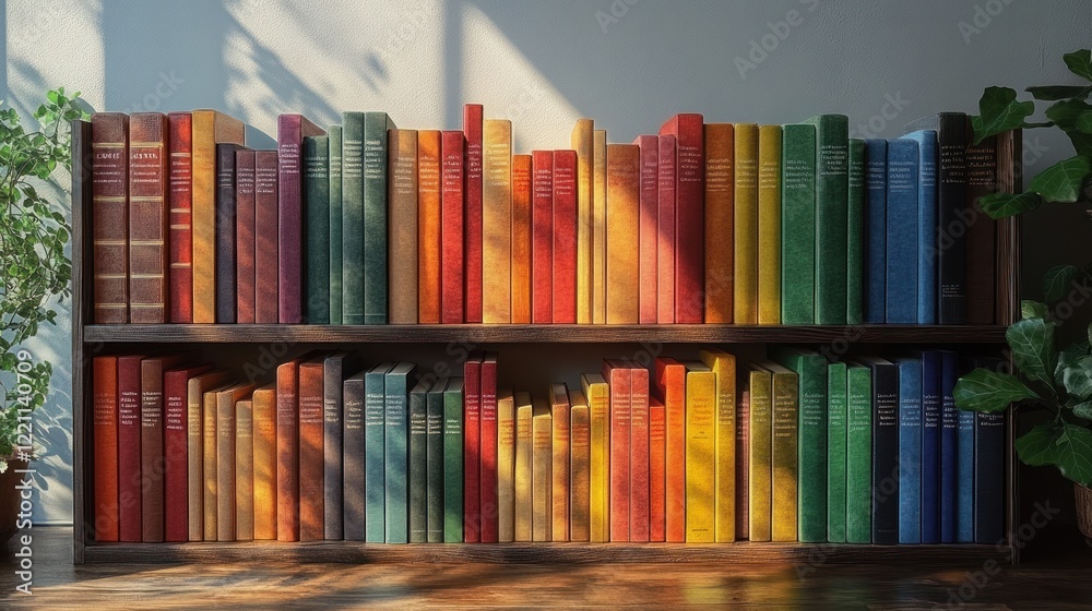 Fototapeta premium Colorful Books Arranged on a Wooden Bookshelf