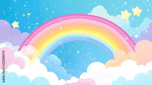Pastel Rainbow Sky with Fluffy Clouds and Stars