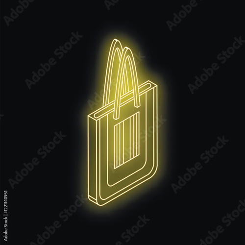 Glowing isometric shopping bag with barcode symbolizing online shopping and consumerism