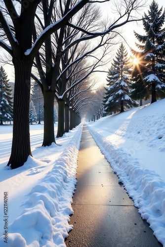 Winter Pathway Illumination Sunlit Snow-Covered Walkway Lined with Majestic Trees at Dawn