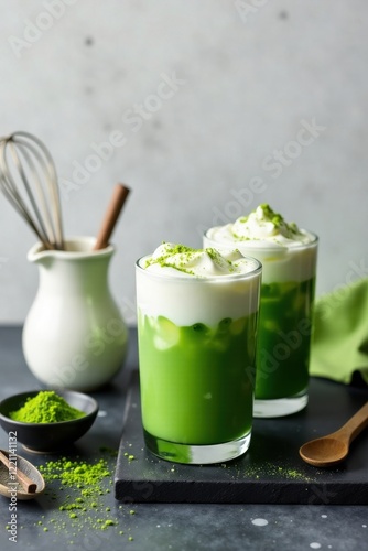 Refreshing Iced Matcha Latte with Creamy Topping and Powder